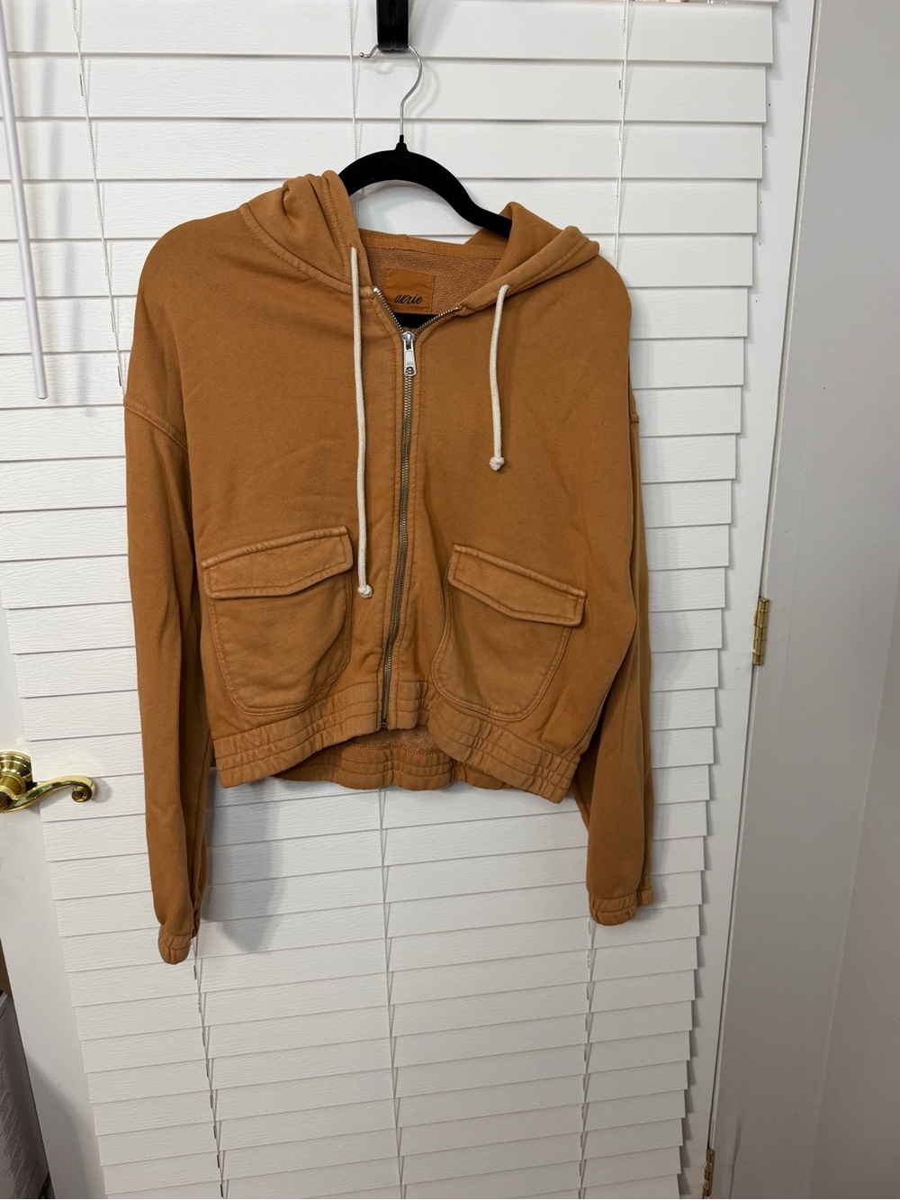 aerie Cropped Hooded Zip-Up Jacket in Tan